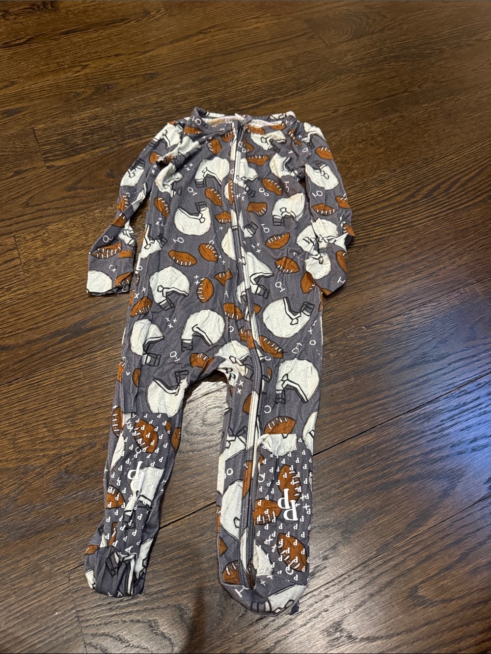 Posh peanut Gray One-Piece Football Print Footed Pajamas with Brown Accents